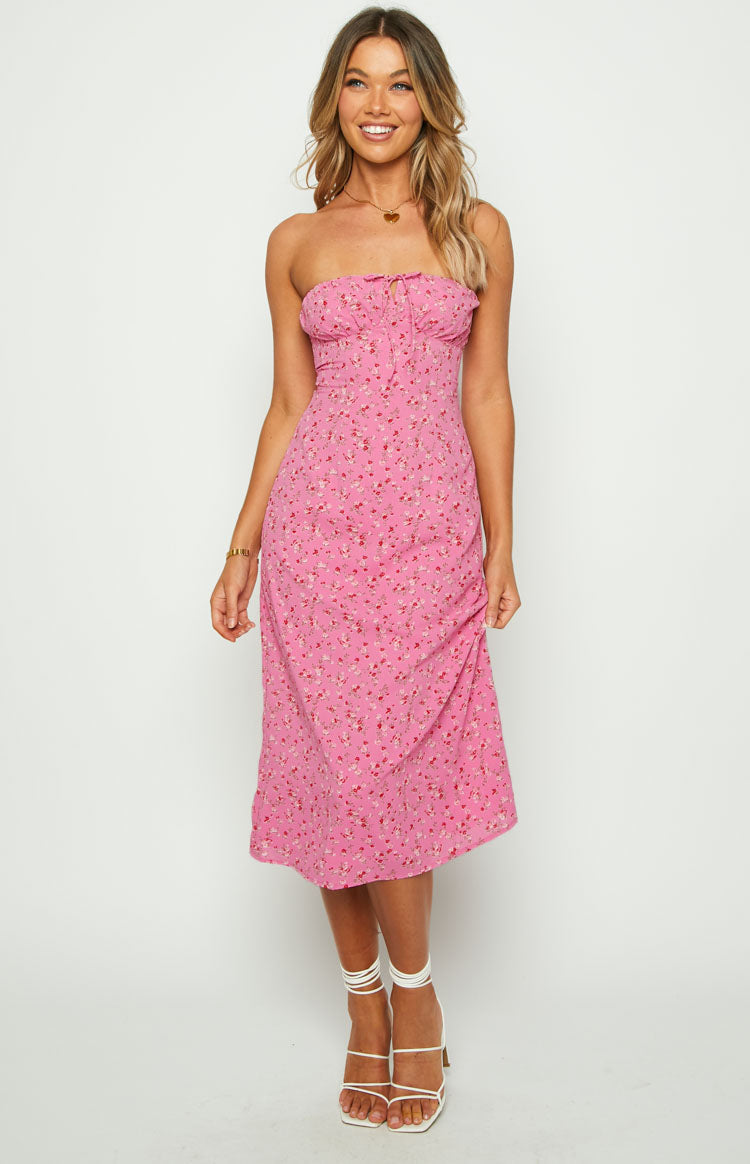 Dion Pink Floral Strapless Midi Dress-Vavasi.All Rights Reserved.