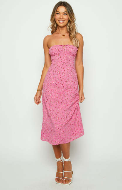 Dion Pink Floral Strapless Midi Dress-Vavasi.All Rights Reserved.