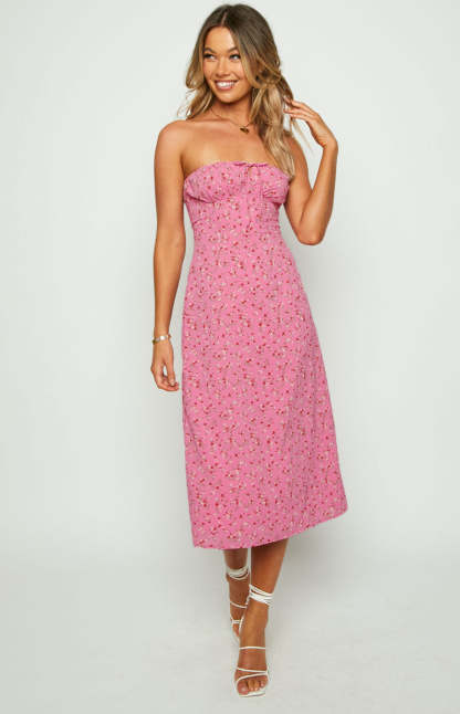 Dion Pink Floral Strapless Midi Dress-Vavasi.All Rights Reserved.