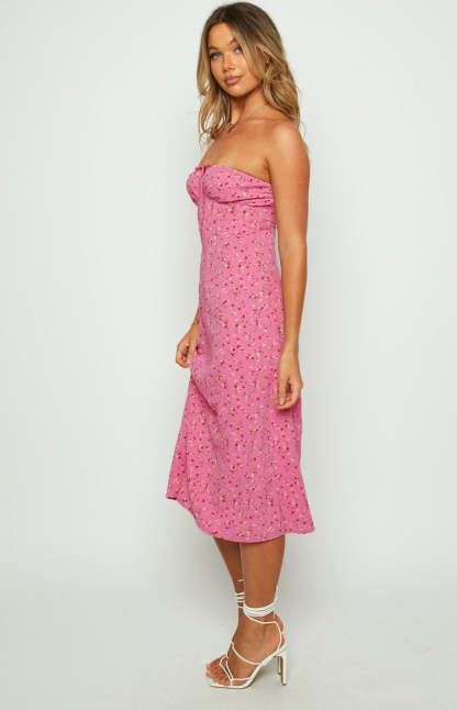 Dion Pink Floral Strapless Midi Dress-Vavasi.All Rights Reserved.