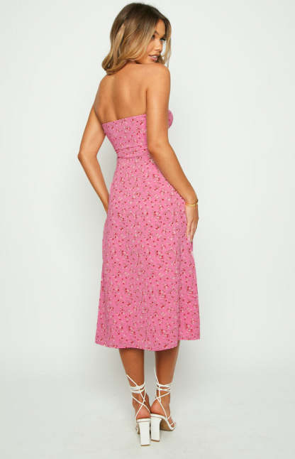 Dion Pink Floral Strapless Midi Dress-Vavasi.All Rights Reserved.