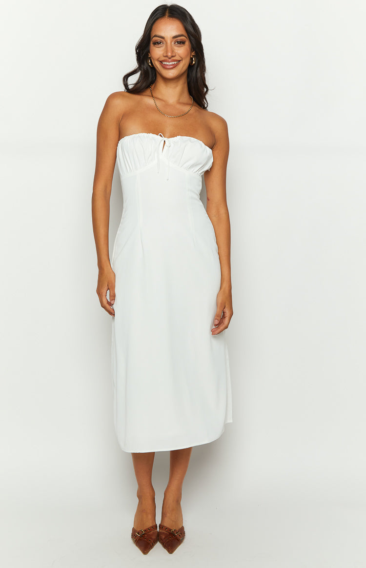 Dion White Strapless Midi Dress-Vavasi.All Rights Reserved.