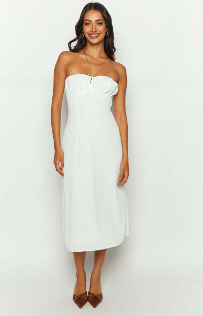 Dion White Strapless Midi Dress-Vavasi.All Rights Reserved.
