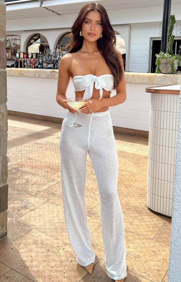 Disco White Sequin Knit Pants-Vavasi.All Rights Reserved.