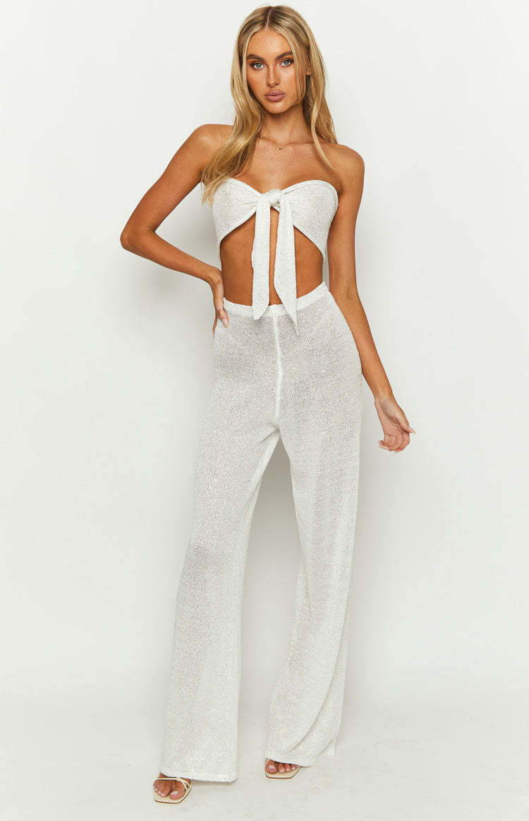Disco White Sequin Knit Pants-Vavasi.All Rights Reserved.