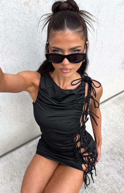 Diva Black Tie Side Mini Dress-Vavasi.All Rights Reserved.