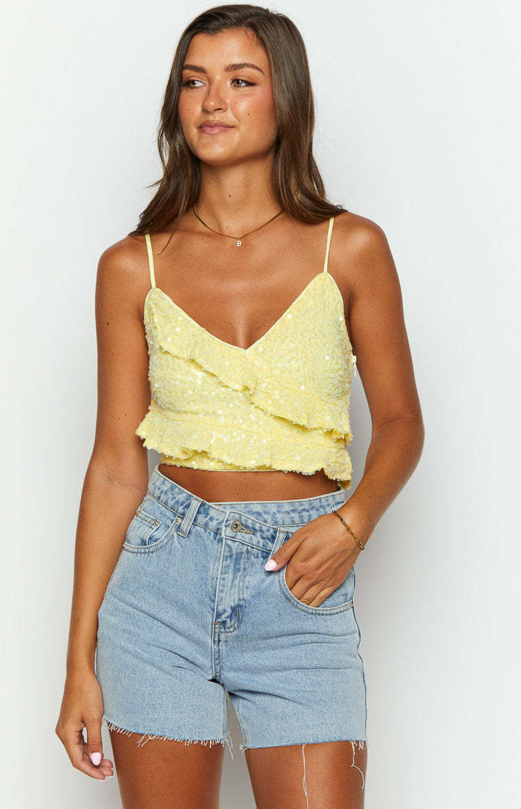 Dolly Yellow Sequin Crop Top-Vavasi.All Rights Reserved.