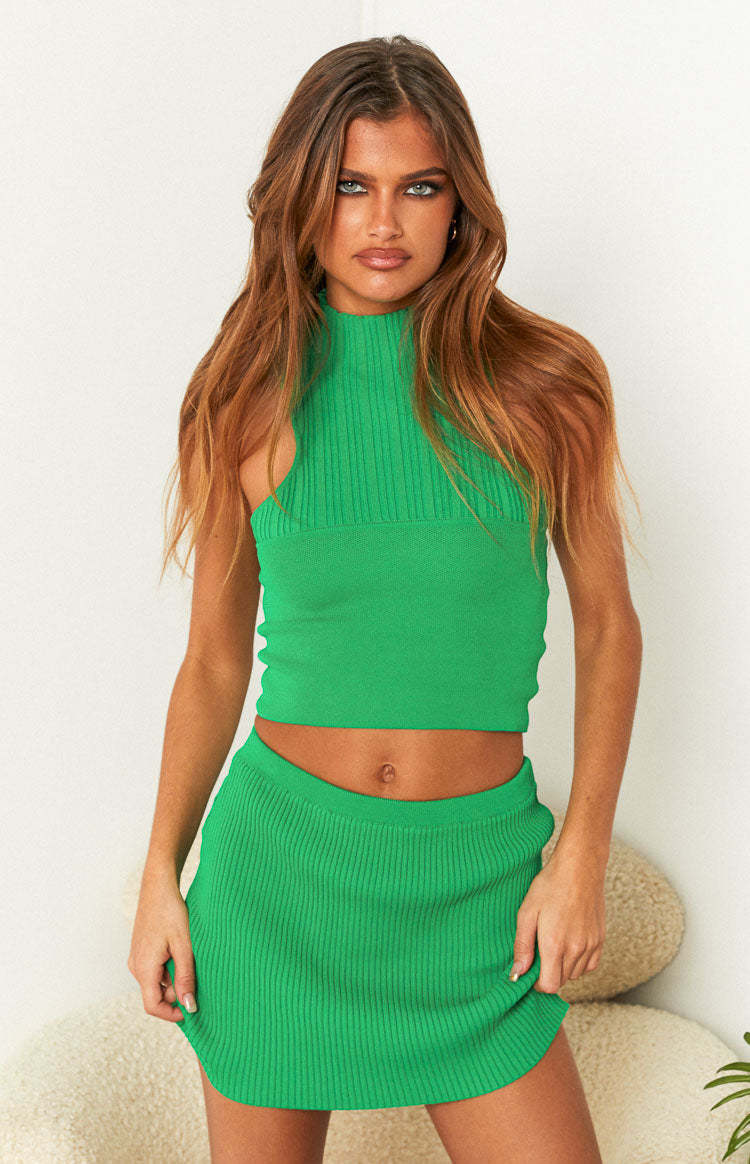 Dominica Green Rib Mini Skirt-Vavasi.All Rights Reserved.