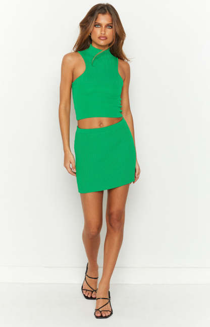 Dominica Green Rib Mini Skirt-Vavasi.All Rights Reserved.