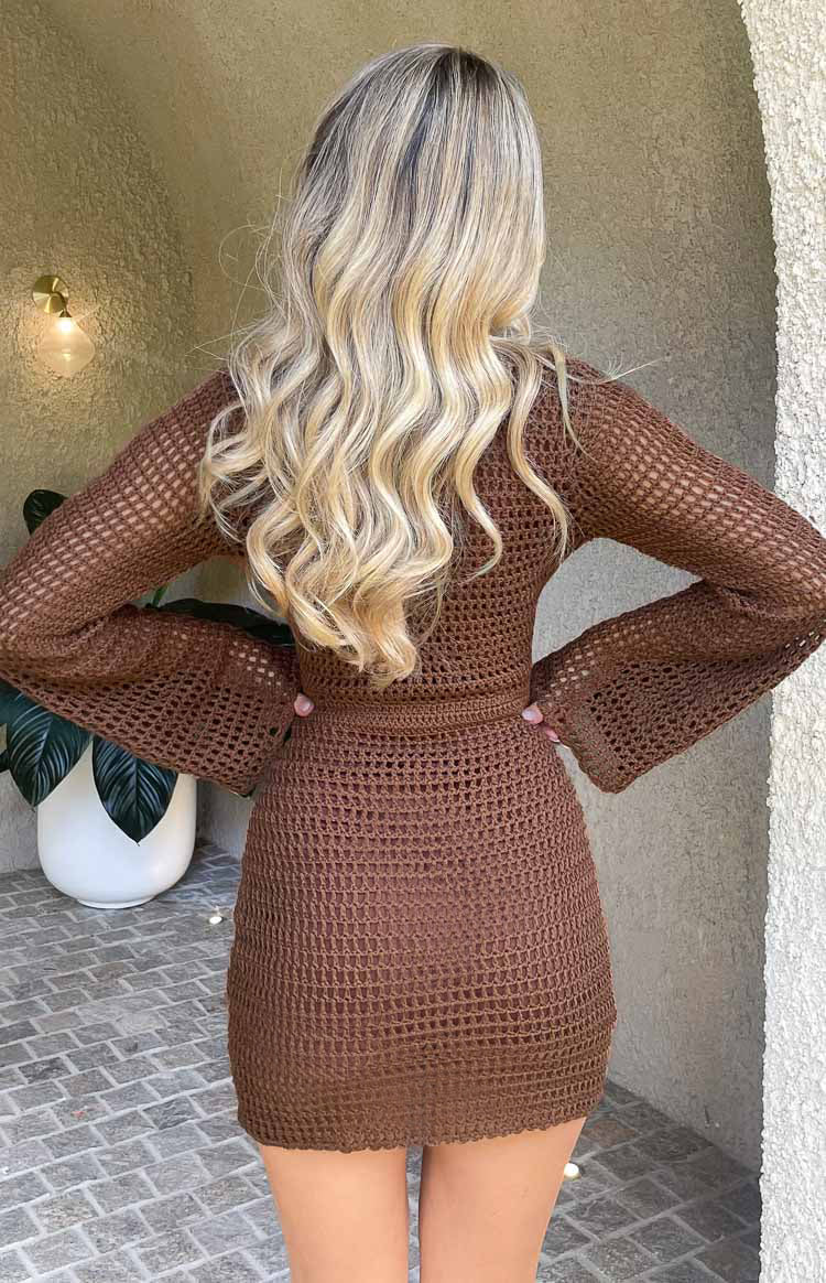 Donovan Brown Crochet Mini Dress-Vavasi.All Rights Reserved.