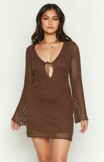 Donovan Brown Crochet Mini Dress-Vavasi.All Rights Reserved.