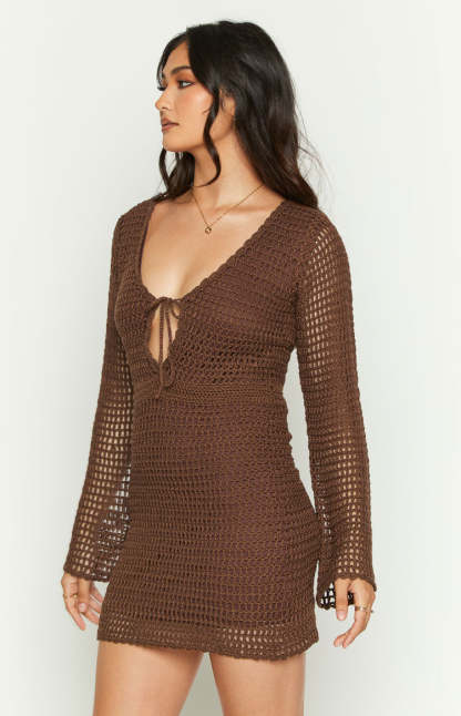 Donovan Brown Crochet Mini Dress-Vavasi.All Rights Reserved.