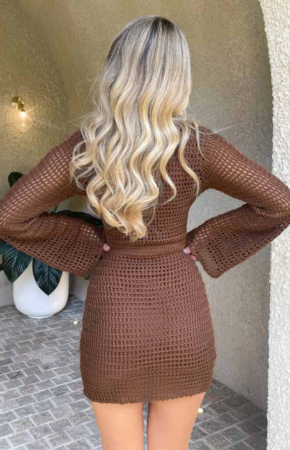 Donovan Brown Crochet Mini Dress-Vavasi.All Rights Reserved.