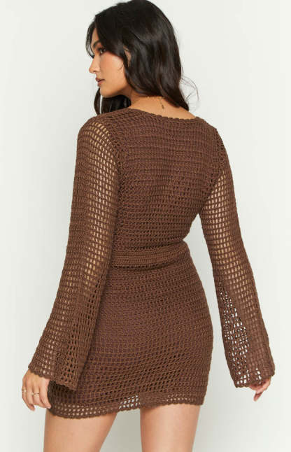 Donovan Brown Crochet Mini Dress-Vavasi.All Rights Reserved.