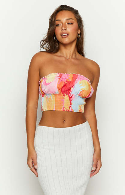 Dray Pink Sun Print Strapless Crop Top-Vavasi.All Rights Reserved.