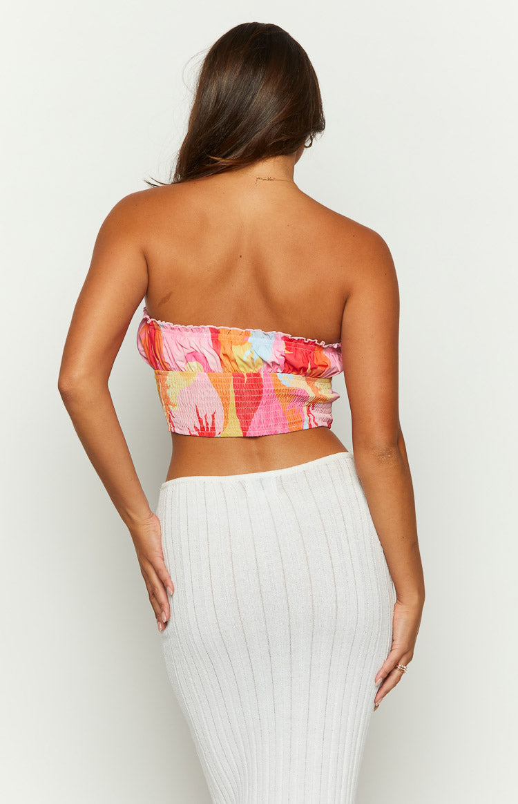Dray Pink Sun Print Strapless Crop Top-Vavasi.All Rights Reserved.