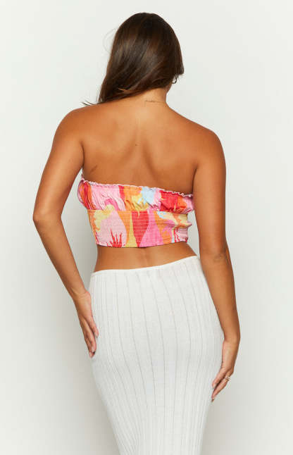 Dray Pink Sun Print Strapless Crop Top-Vavasi.All Rights Reserved.