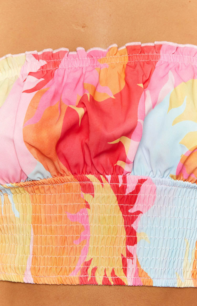 Dray Pink Sun Print Strapless Crop Top-Vavasi.All Rights Reserved.