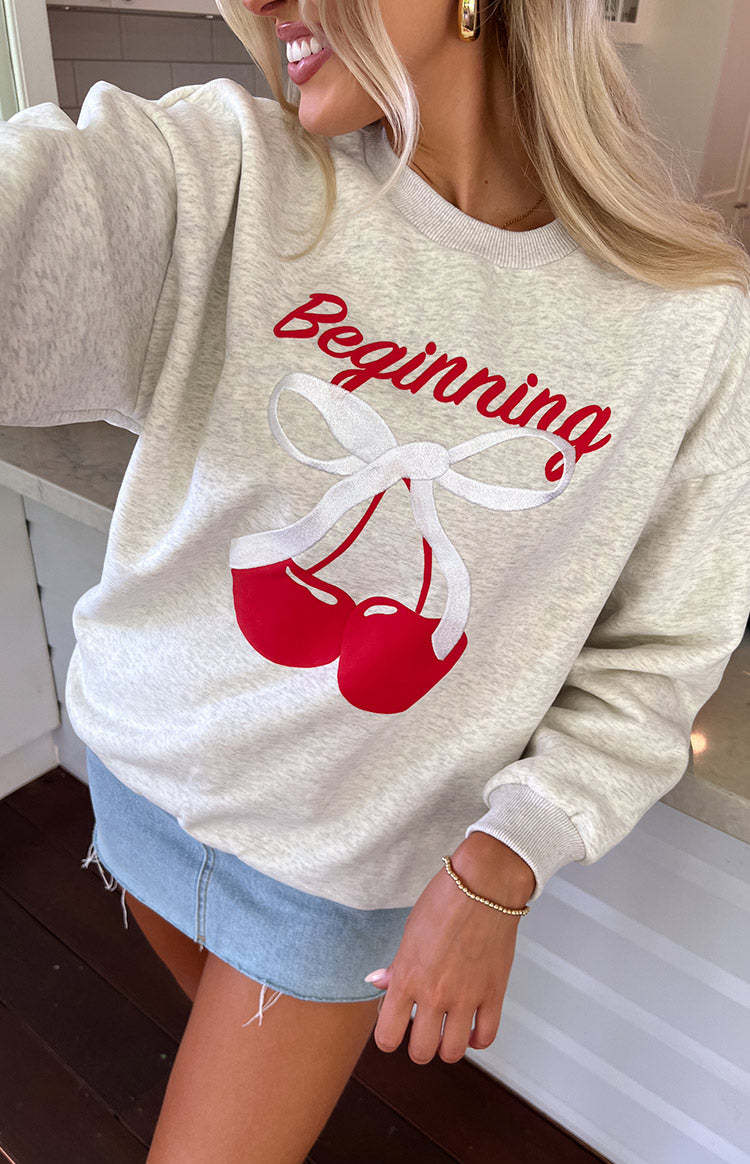 Elodie Oat Marle Cherry Print Crew Neck Sweater-Vavasi.All Rights Reserved.