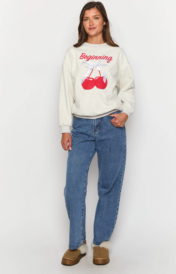 Elodie Oat Marle Cherry Print Crew Neck Sweater-Vavasi.All Rights Reserved.