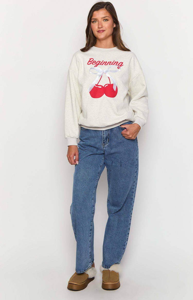 Elodie Oat Marle Cherry Print Crew Neck Sweater-Vavasi.All Rights Reserved.