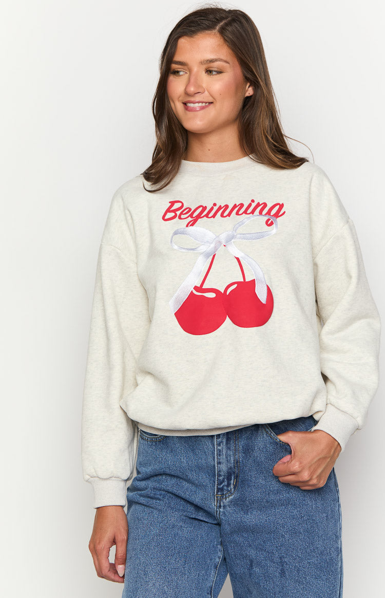 Elodie Oat Marle Cherry Print Crew Neck Sweater-Vavasi.All Rights Reserved.