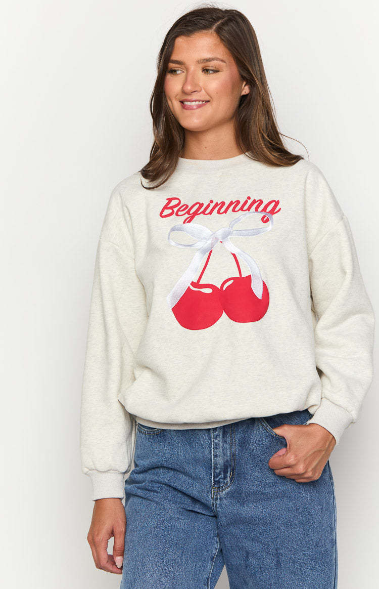 Elodie Oat Marle Cherry Print Crew Neck Sweater-Vavasi.All Rights Reserved.