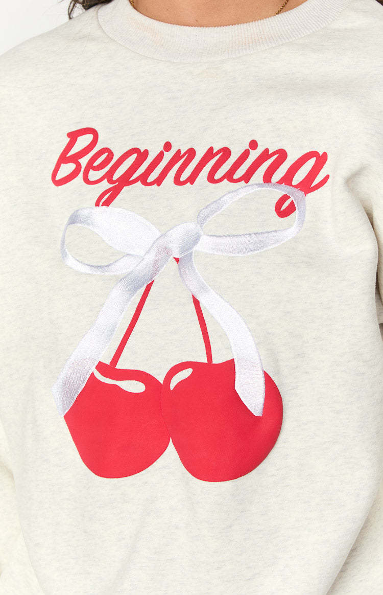 Elodie Oat Marle Cherry Print Crew Neck Sweater-Vavasi.All Rights Reserved.