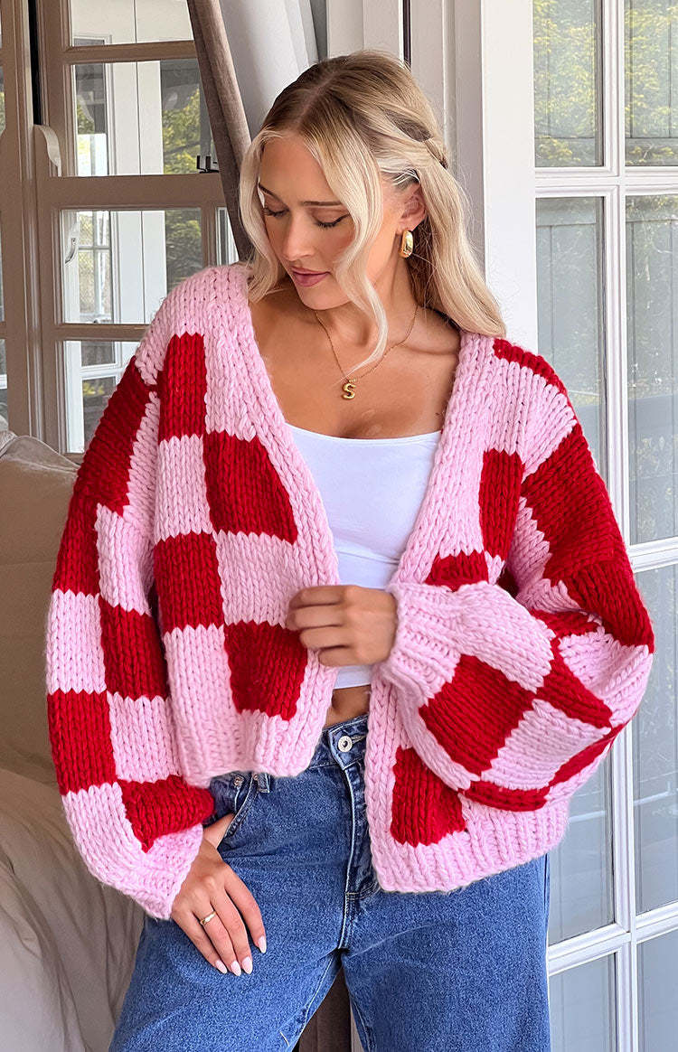 Envi Pink And Red Checkered Knit Cardigan-Vavasi.All Rights Reserved.