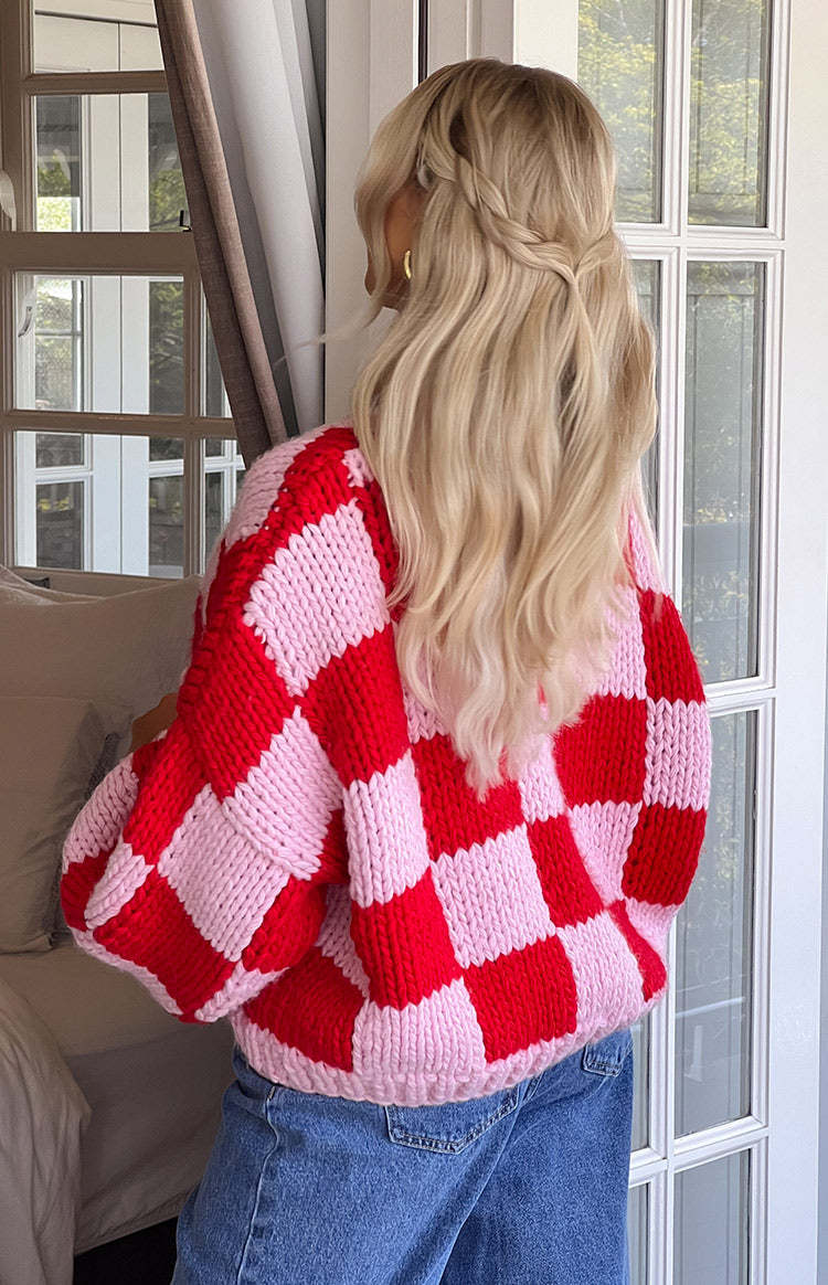Envi Pink And Red Checkered Knit Cardigan-Vavasi.All Rights Reserved.