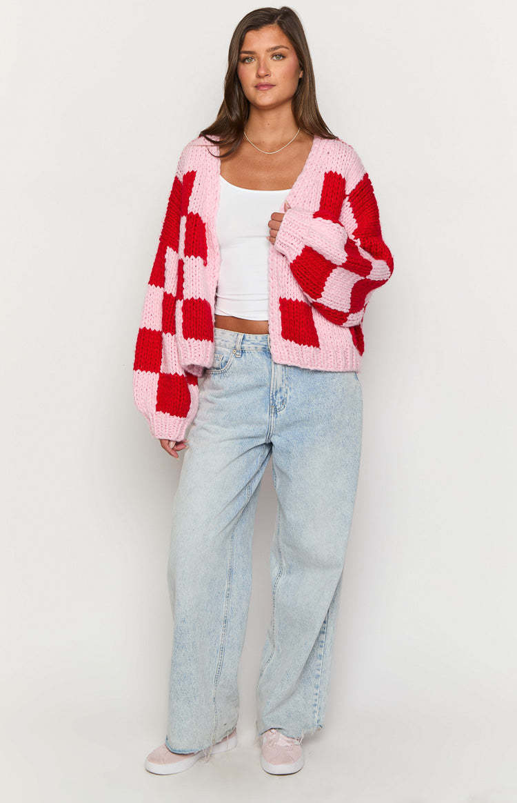Envi Pink And Red Checkered Knit Cardigan-Vavasi.All Rights Reserved.