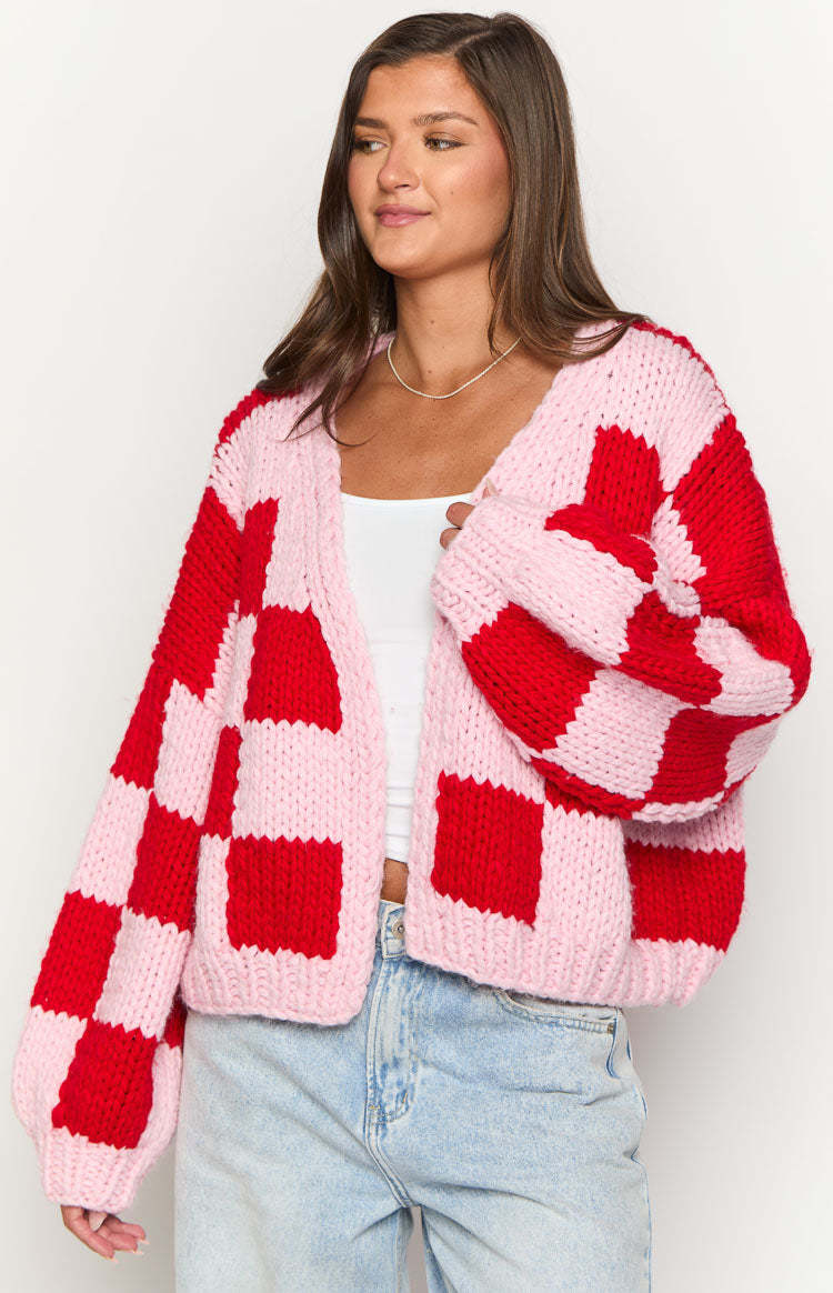 Envi Pink And Red Checkered Knit Cardigan-Vavasi.All Rights Reserved.