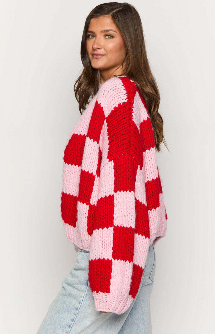 Envi Pink And Red Checkered Knit Cardigan-Vavasi.All Rights Reserved.