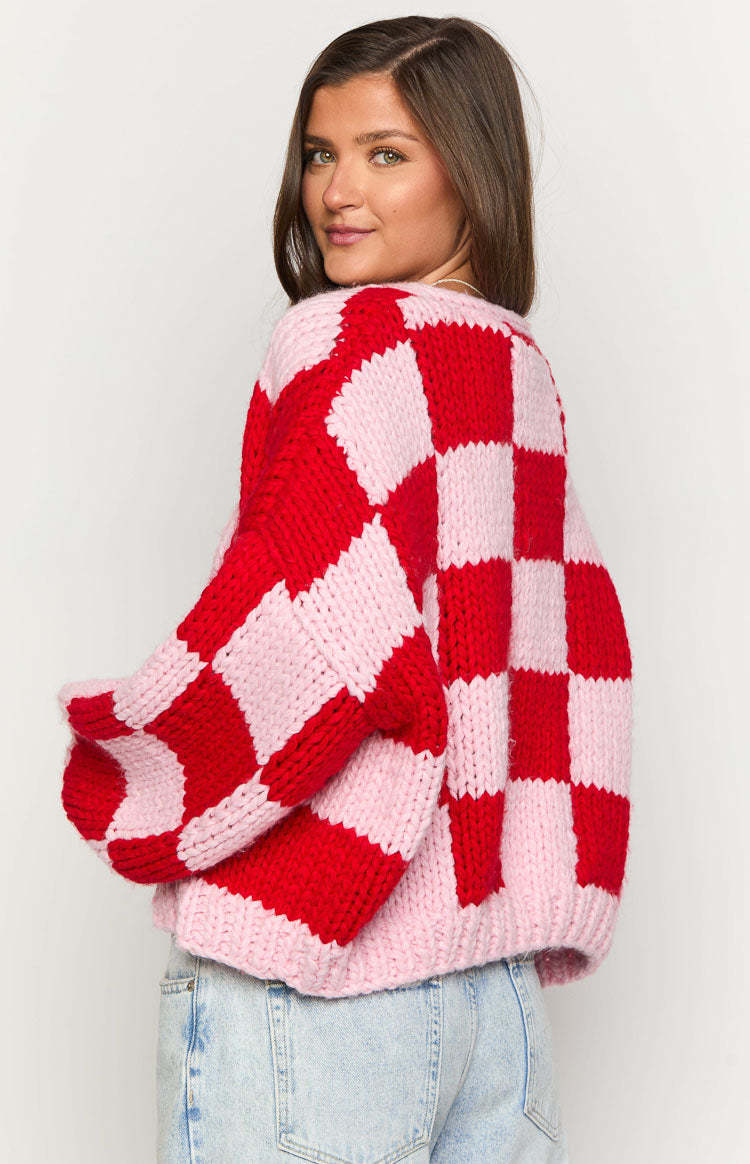 Envi Pink And Red Checkered Knit Cardigan-Vavasi.All Rights Reserved.
