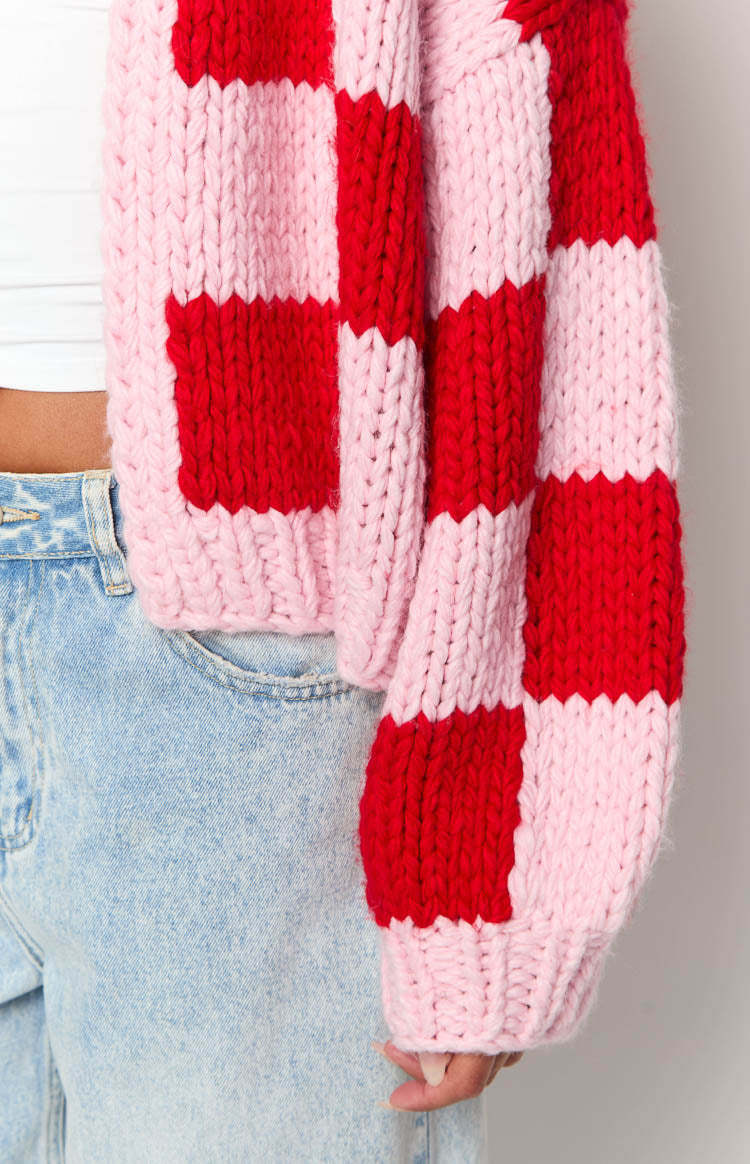 Envi Pink And Red Checkered Knit Cardigan-Vavasi.All Rights Reserved.