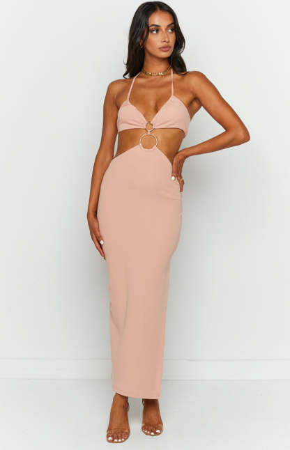 Earthling Beige Maxi Halter Dress-Vavasi.All Rights Reserved.