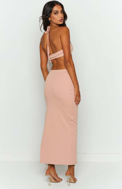 Earthling Beige Maxi Halter Dress-Vavasi.All Rights Reserved.