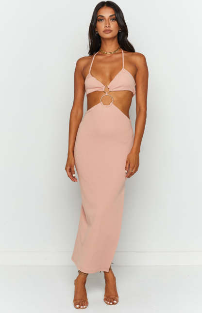 Earthling Beige Maxi Halter Dress-Vavasi.All Rights Reserved.