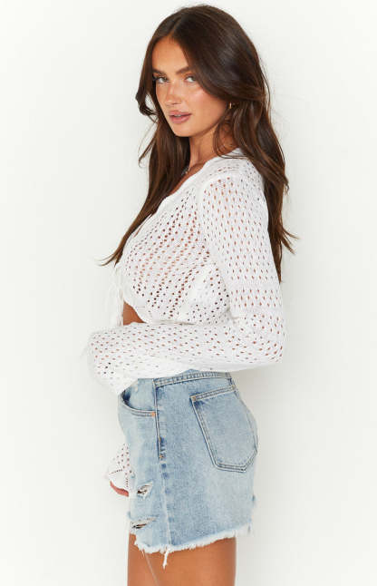 Eilish White Crochet Long Sleeve Top-Vavasi.All Rights Reserved.