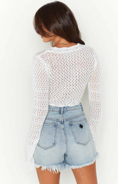 Eilish White Crochet Long Sleeve Top-Vavasi.All Rights Reserved.