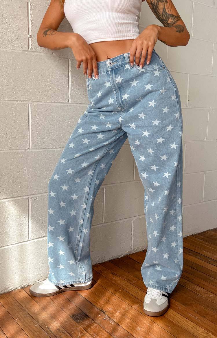 Eli Star Print Mid Wash Wide Leg Denim Jeans-Vavasi.All Rights Reserved.