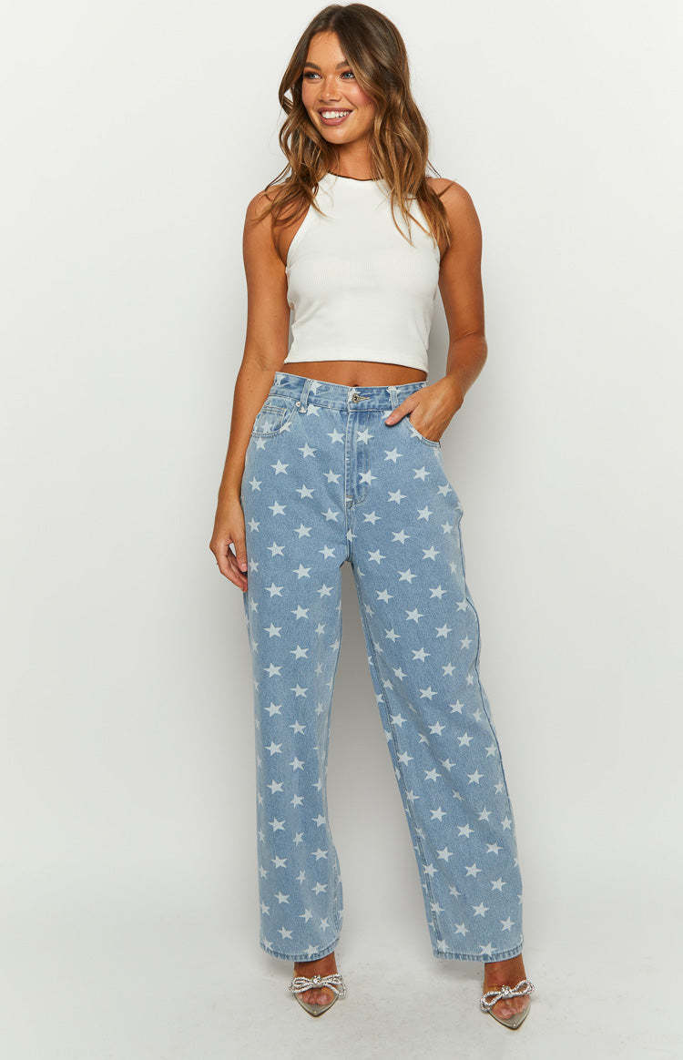 Eli Star Print Mid Wash Wide Leg Denim Jeans-Vavasi.All Rights Reserved.