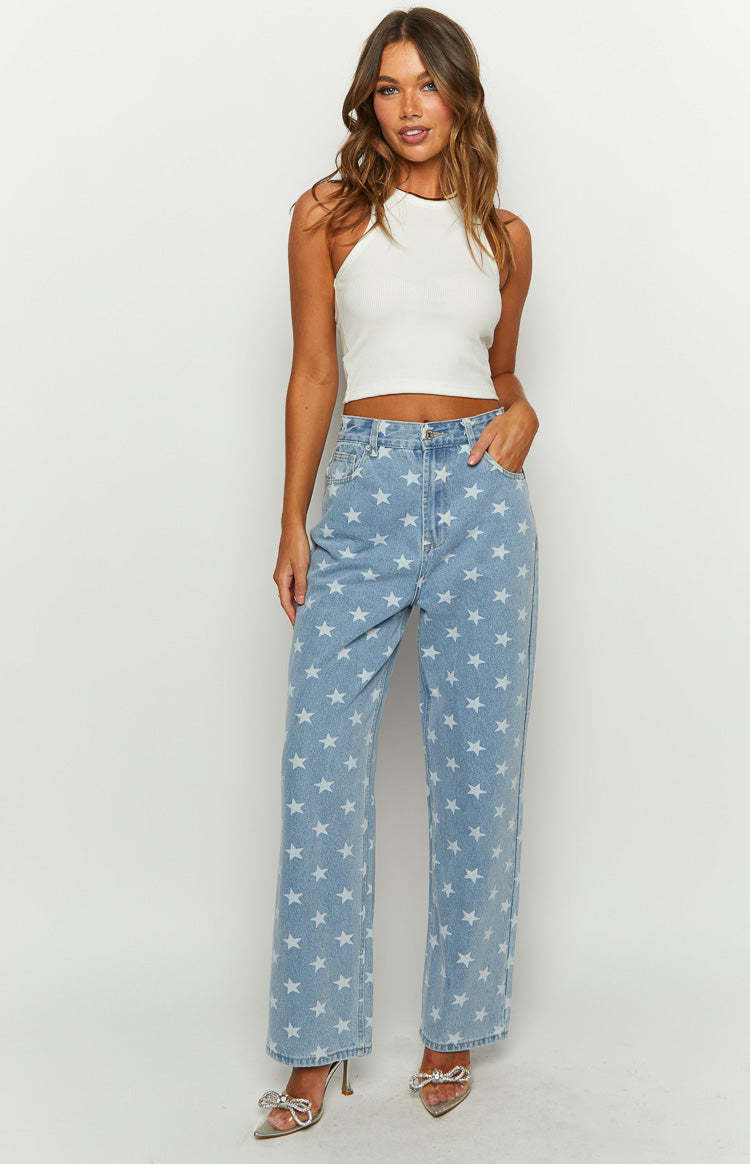 Eli Star Print Mid Wash Wide Leg Denim Jeans-Vavasi.All Rights Reserved.