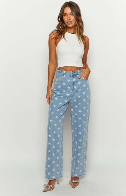 Eli Star Print Mid Wash Wide Leg Denim Jeans-Vavasi.All Rights Reserved.