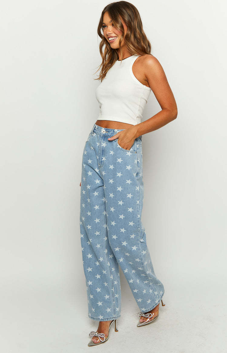 Eli Star Print Mid Wash Wide Leg Denim Jeans-Vavasi.All Rights Reserved.