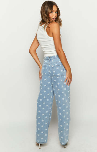 Eli Star Print Mid Wash Wide Leg Denim Jeans-Vavasi.All Rights Reserved.