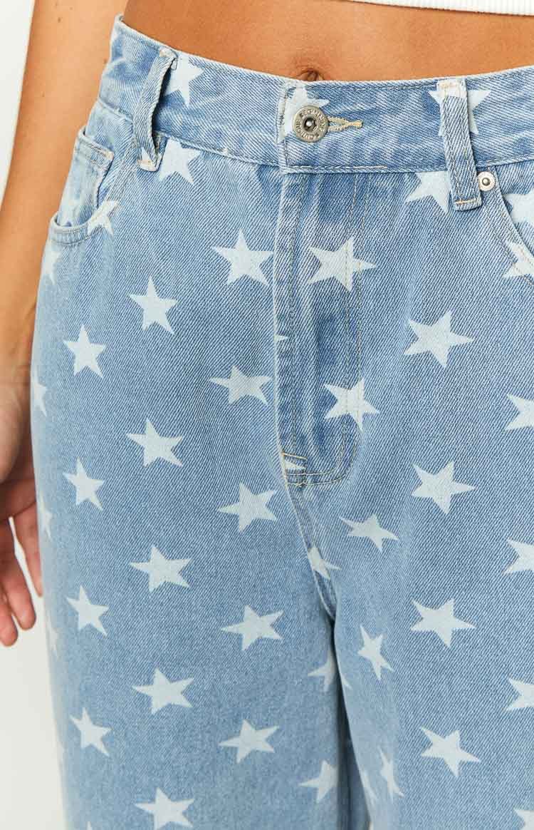 Eli Star Print Mid Wash Wide Leg Denim Jeans-Vavasi.All Rights Reserved.