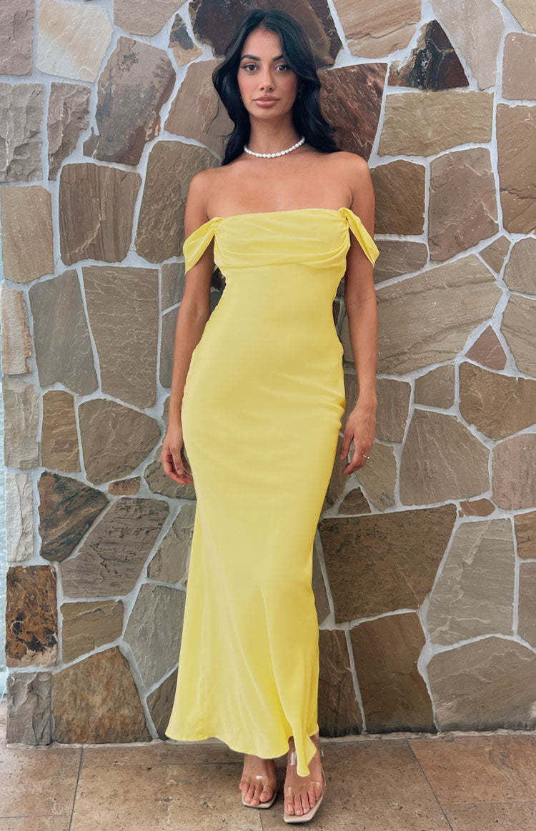 Ella Light Yellow Off Shoulder Formal Maxi Dress-Vavasi.All Rights Reserved.