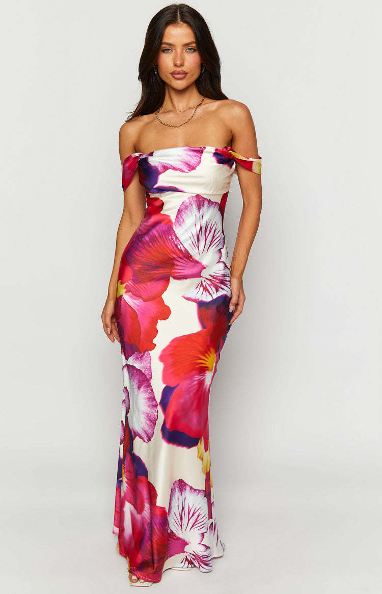 Ella Pink Floral Print Off Shoulder Formal Dress-Vavasi.All Rights Reserved.