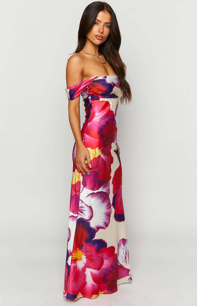 Ella Pink Floral Print Off Shoulder Formal Dress-Vavasi.All Rights Reserved.
